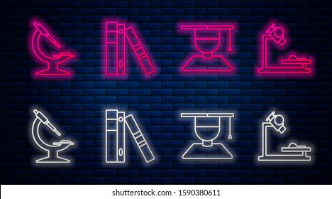 Set line Office folders with papers and documents, Graduate and graduation cap, Microscope and Microscope. Glowing neon icon on brick wall. Vector