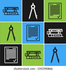 Set line Office folders with papers and documents, Exam sheet with check mark and Drawing compass icon. Vector