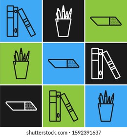 Set line Office folders with papers and documents, Eraser or rubber and Pencil case stationery icon. Vector