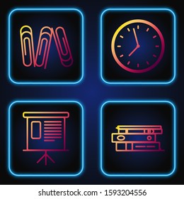 Set line Office folders with papers and documents, Presentation financial board with graph, schedule, chart, diagram, infographic, pie graph, Paper clip and Clock. Gradient color icons. Vector