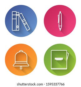 Set line Office folders with papers and documents, Pen, Ringing bell and Notebook. Color circle button. Vector