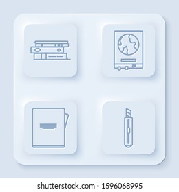 Set line Office folders with papers and documents, World map on a school blackboard, Notebook and Stationery knife. White square button. Vector