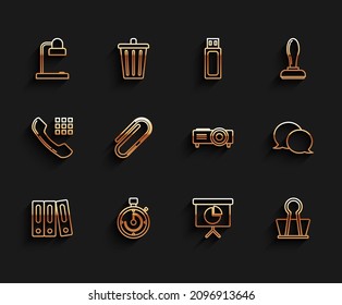 Set line Office folders with papers and documents, schedule, chart, diagram, infographic, pie graph, Binder clip, Paper, Speech bubble chat and Presentation, movie, film, media projector icon. Vector
