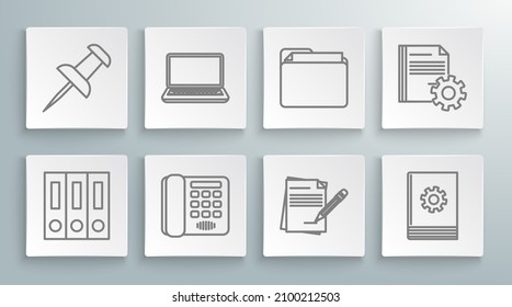 Set line Office folders with papers and documents, Laptop, Telephone, Blank notebook pencil eraser, User manual, Document, settings gears and Push pin icon. Vector