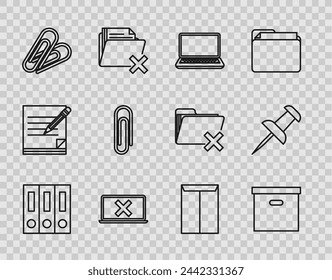 Set line Office folders with papers and documents, Carton cardboard box, Laptop, cross mark screen, Paper clip, Envelope and Push pin icon. Vector