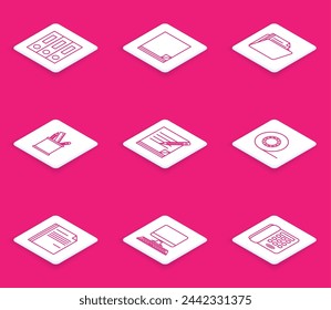 Set line Office folders with papers and documents, File, Document, Pencil case stationery, Blank notebook pencil eraser, Scotch,  and Computer monitor keyboard icon. Vector