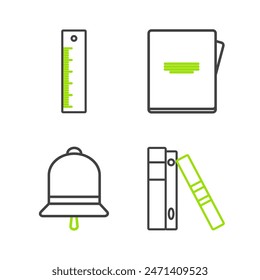 Fije las carpetas de Office con papeles y documentos, timbre, cuaderno e ícono de Regla. Vector