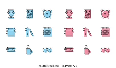 Set line Office folders with papers and documents, Coffee cup, Award, Ringing alarm bell, Calendar, Notebook and Board graph chart icon. Vector