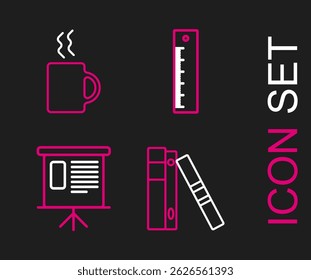 Defina as pastas de escritório de linha com papéis e documentos, gráfico de placa financeira de apresentação, agenda, gráfico, diagrama, infográfico, gráfico de pizza, Régua e ícone de xícara de café. Vetor