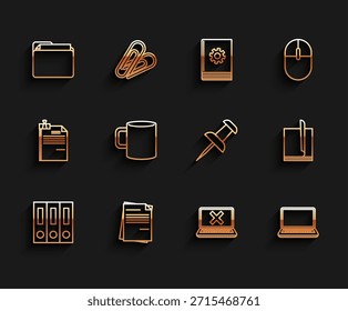 Establecer la línea de carpetas de Office con documentos y documentos, archivo, documento, marca cruzada del ordenador portátil en la pantalla, taza de café plana, e icono Push pin. Vector