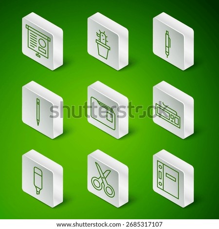 Set line Office folders, Scissors, Chalkboard with diagram, Document, Pencil eraser, Cactus and succulent in pot, Marker pen and Keyboard icon. Vector