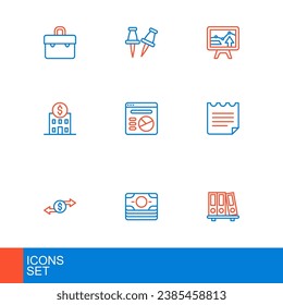 Set line Office folders, Stacks paper money cash, Money exchange, Notebook, Bank building, Pie chart infographic, Monitor with and Push pin icon. Vector