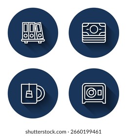Set line Office folders, Stacks paper money cash, Cup of tea and Safe with long shadow. Blue circle button. Vector