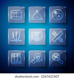 Set-Zeile Office Ordner, Untersätze, Mathematik, ist Untersatz b, Zertifikat Vorlage, Graph, Plan, Diagramm, Diagramm, Diagramm, Geometrische Figur Zylinder und Crossed Lineal und Stift Symbol. Vektorgrafik