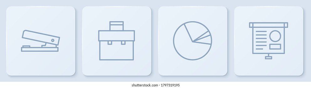 Fijar la línea de grapador de Office, infografía de gráfico de tubería, Maletín y cartón con el diagrama. Botón cuadrado blanco. Vector