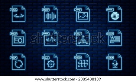 Set line OGG file document, DOC, JPG, HTML, BMP, XML, OBJ and WAV icon. Vector