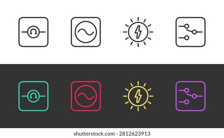 Set line Ohmmeter, AC voltage source, Solar energy panel and Switch in electronic circuit on black and white. Vector