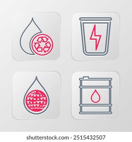 Set line Oil barrel, Earth planet in water drop, Lightning with trash can and Recycle clean aqua icon. Vector