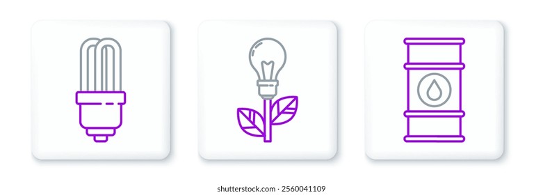Set line Oil barrel line, LED light bulb and Light with leaf icon. Vector