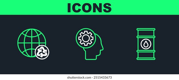 Set line Oil barrel line, Planet earth and recycling and Human head with gear inside icon. Vector