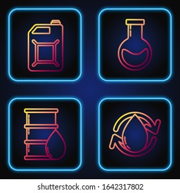 Set line Oil drop, Barrel oil, Canister for gasoline and Test tube and flask. Gradient color icons. Vector