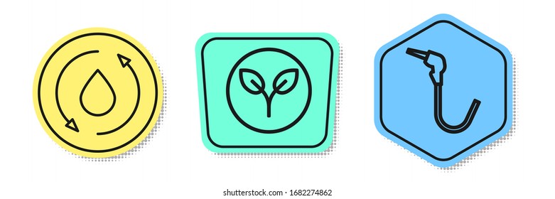 Set line Oil drop, Bio fuel and Gasoline pump nozzle. Colored shapes. Vector