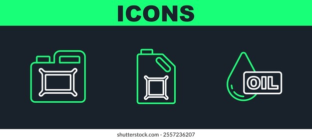 Set line Oil drop, Canister for motor oil and  icon. Vector