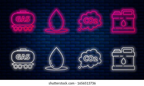 Set line Oil drop, CO2 emissions in cloud, Gas railway cistern and Canister for motor machine oil. Glowing neon icon on brick wall. Vector