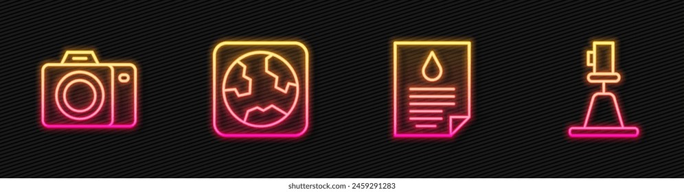 Set line Oil drop document, Photo camera, Earth globe and Tacheometer, theodolite. Glowing neon icon. Vector