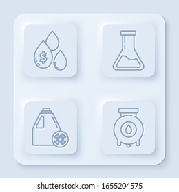 Fije la línea Despegue del aceite con el símbolo del dólar, Tubo de prueba y matraz, cartucho anticongelante y Construcción industrial de petróleo y gas. Botón cuadrado blanco. Vector