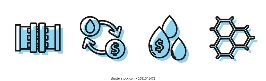 Fije la línea Despegue de aceite con símbolo de dólar, Pipas y válvula metálicas de la industria, Intercambio de aceite, transferencia de agua, conversión y fórmula química que consiste en un icono de anillos de benceno. Vector