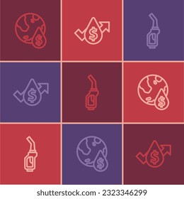 Set line Oil drop with dollar symbol, Gasoline pump nozzle and price increase icon. Vector