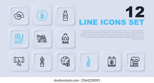 Set line Oil drop with dollar symbol, and gas industrial factory, platform the sea, Gasoline pump nozzle, Petrol station, rig fire,  and  icon. Vector