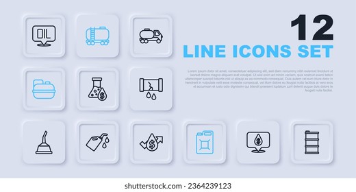 Set line Oil drop with dollar symbol, Barrel oil, petrol test tube, Canister for gasoline, motor machine, railway cistern and price increase icon. Vector