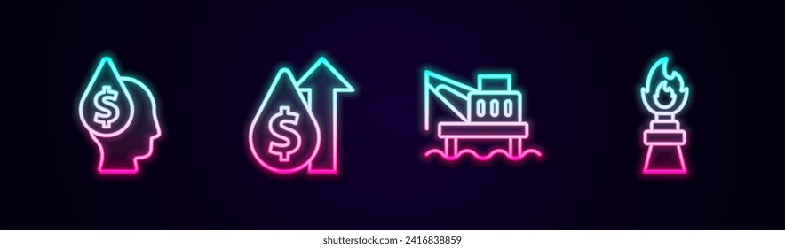 Set line Oil drop with dollar symbol, price increase, platform the sea and rig fire. Glowing neon icon. Vector