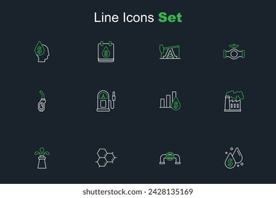 Set line Oil drop with dollar symbol, pipe valve, Molecule oil, rig, and gas industrial factory, Pie chart, Petrol station and Gasoline pump nozzle icon. Vector