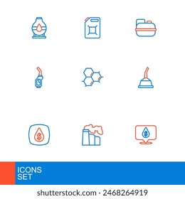 Línea de ajuste Gota de aceite con símbolo de dólar, y fábrica industrial de gas, cartucho para aceite de máquina de motor, boquilla de bomba de gasolina, molécula, gasolina e icono. Vector