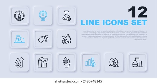 Set line Oil drop with dollar symbol, tank storage, Canister for motor machine oil, Pie chart and, Nuclear power plant, gas industrial factory, Motor gauge and  icon. Vector