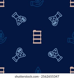 Set line Oil drop with dollar symbol, petrol test tube and Barrel oil on seamless pattern. Vector