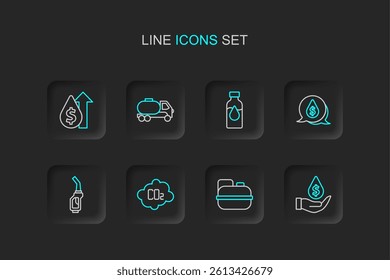 Set line Oil drop with dollar symbol, Canister for gasoline, CO2 emissions cloud, Gasoline pump nozzle, petrol test tube, Tanker truck and price increase icon. Vector