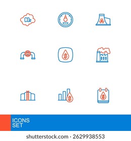 Set line Oil drop with dollar symbol, Pie chart and, tank storage, gas industrial factory, pipe valve, Nuclear power plant and Motor gauge icon. Vector