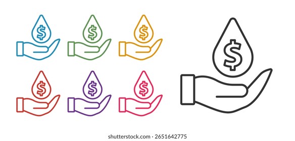 Definir linha Petróleo gota com símbolo de dólar ícone isolado no fundo branco. Preço do petróleo. Indústria petrolífera. Defina os ícones com cores. Vetor