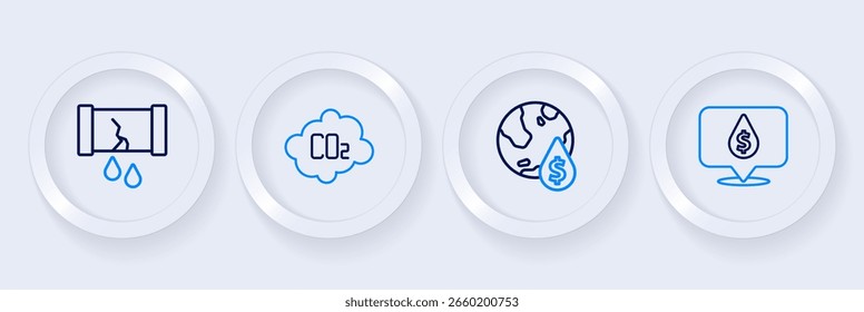 Gota de petróleo con el símbolo del dólar, emisiones de CO2 en la nube y el icono de válvula de tubo de petróleo roto. Vector