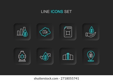 Set Line Öltropfen mit Dollar-Symbol, Tank Lagerung, Preiserhöhung, Kanister für Benzin, CO2-Emissionen Wolke und Tortendiagramm und Symbol. Vektorgrafik