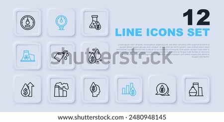 Set line Oil drop with dollar symbol, tank storage, Canister for motor machine oil, Pie chart and, Nuclear power plant, gas industrial factory, Motor gauge and  icon. Vector