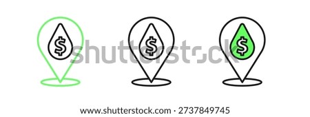 Set line Oil drop with dollar symbol icon isolated on white background. Oil price. Oil and petroleum industry.  Vector