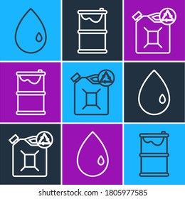 Set line Oil drop, Eco fuel canister and Barrel oil leak icon. Vector