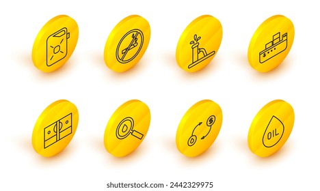 Fijar línea Gota de aceite, intercambio, Pila dinero en efectivo de papel, barco cisterna, bomba o toma de bomba, No fumar y cartucho para el icono de aceite de motor. Vector