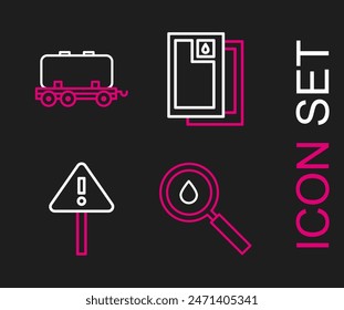 Set line Oil drop, Exclamation mark in triangle, Barrel oil and railway cistern icon. Vector