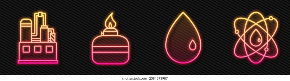 Set line Oil drop, Oil industrial factory building, Alcohol or spirit burner and Atom. Glowing neon icon. Vector